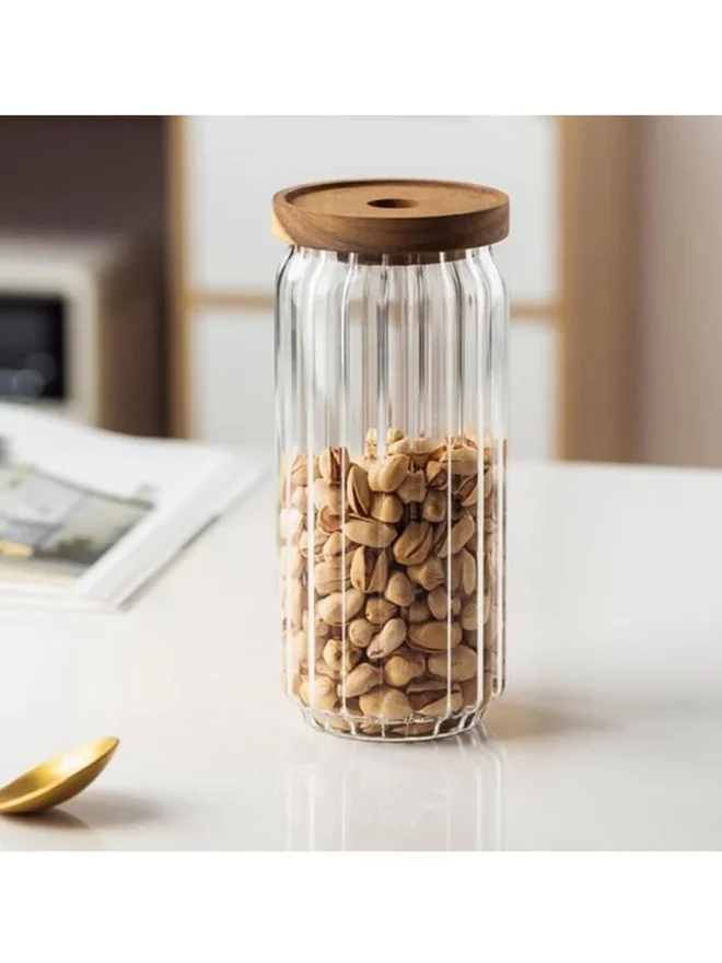 1 تشيس 1CHASE 3-Piece Borosilicate Stripe Glass Food Storage Jar With Acacia Wood Air Tight Lid 700ML